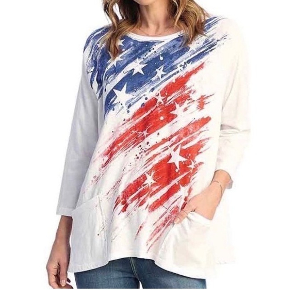 Jess & Jane Fits L/XL White NEW American Flag Pockets 3/4 Sleeve Slub